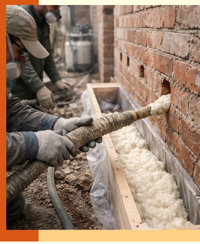 Заливка ППУ в пустоты кирпичной стены в Климовске