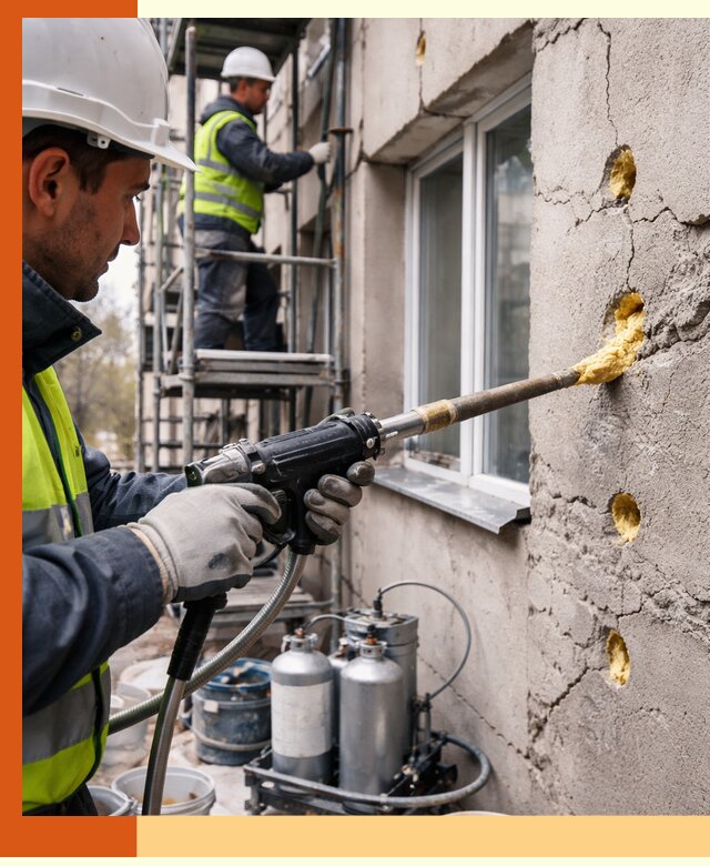 Заполнение пустот в фасаде и утепление стен в Климовске